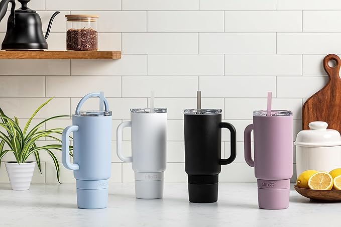 Ello Port 40oz Tumbler with Carry Loop & Integrated Handle, Vacuum Insulated Stainless Steel Reusable Water Bottle, Travel Mug with Leak Proof Lid & Straw, Perfect for Iced Coffee & Tea, White