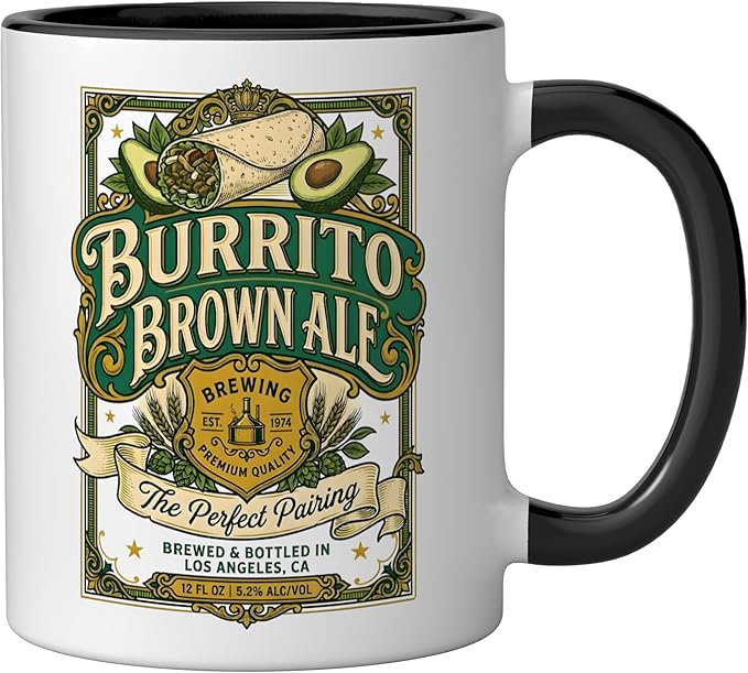 Burrito Brown Ale Mexican Food Retro Funny Beer Label Ceramic Mug, Black/White
