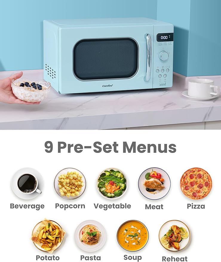 COMFEE' Retro Small Microwave Oven With Compact Size, 9 Preset Menus, Position-Memory Turntable, Mute Function, Countertop Microwave Perfect For Small Spaces, 0.7 Cu Ft/700W, Green, AM720C2RA-G