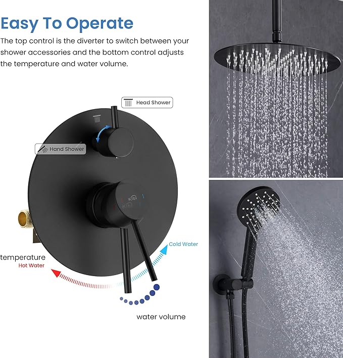 KIBI Circular Ceiling Mounted Shower System with 2-Function Faucet Set | Solid Brass Pressure Balanced Valve | Anti-Scald Design for Reliable Water Temperature Control (Matte Black Finish, KSF408)