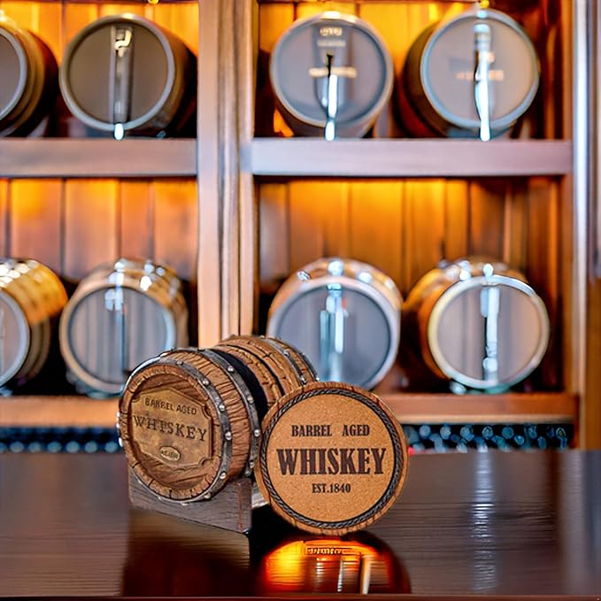 Pine Ridge 5pcs 1840 Aged Whiskey Barrel Drink Coaster Set with Holder - Rustic Bar Coasters for Whiskey Table & Bourbon Room - Unique Bar Accessories for Man Cave - Beer & Whiskey Glass Coaster