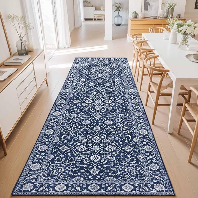 Runner Rug for Bedroom Hallway, Navy Blue Paisley Floral Texture Kitchen Runner Rugs Area Rug 2x6ft, Vintage Tribe Flower Washable Soft Floor Carpet for Entryway Stair