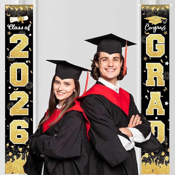 2026 Graduation Party Decorations - Black Gold Class of 2026 Congrats Grad Porch Sign Banner Hanging Flag Graduation Party Supplies for School College Classroom Decor