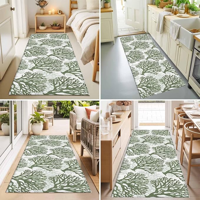 Runner Rug for Bedroom Hallway, Deep Forest Green Corals Kitchen Runner Rugs Area Rug 2x6ft, Retro Marine Life Washable Soft Floor Carpet for Entryway Stair