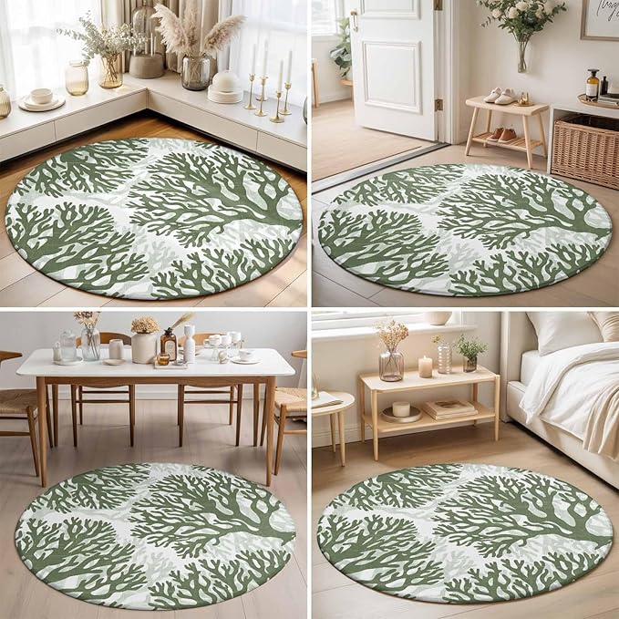 Washable Round Area Rug Deep Forest Green Corals Circle Rugs Floor Carpet for Living Room Bedroom, Retro Marine Life Soft Non Slip Round Rug 5ft