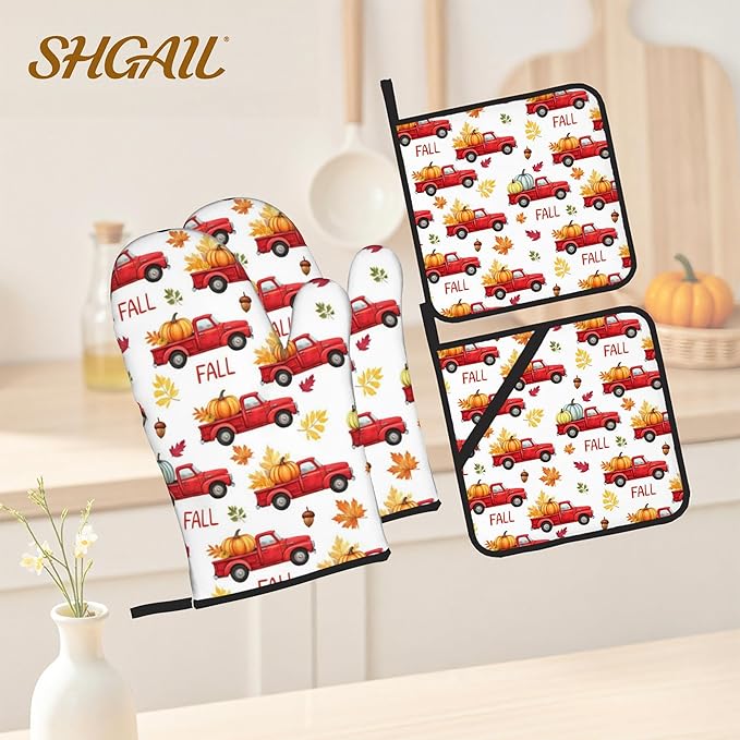 Fall Oven Mitts and Hot Pads Set - Truck Design, Heat Resistant Cute Pot Holders for Kitchen, Baking Gifts for Women
