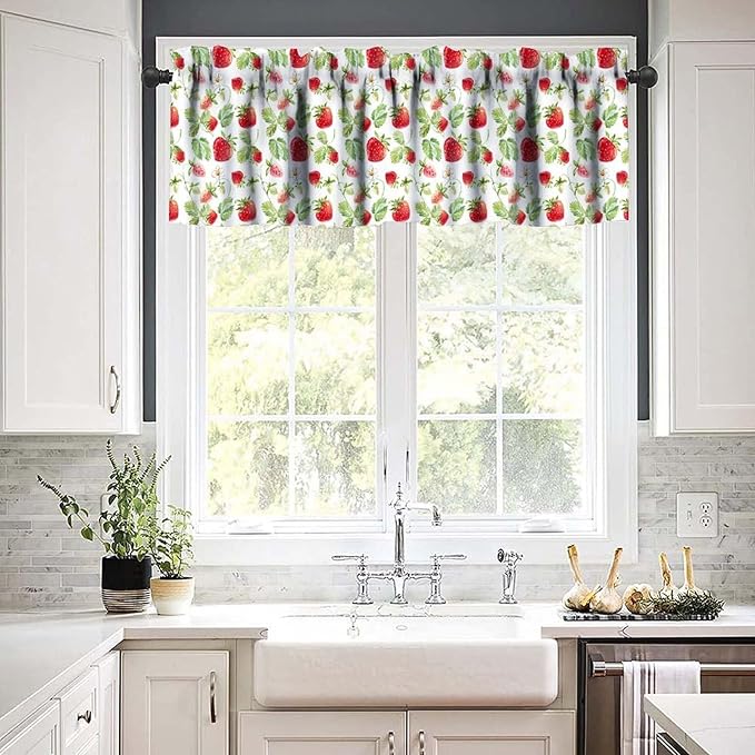 Watercolor Strawberry Curtain Valance, Sweet Red Fruit Green Leaf Kitchen Window Treatment for Dining Room Living Room Bedroom Resturant Party Home Decor, 54x18Inch