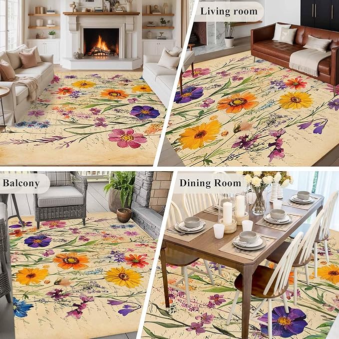 Area Rug 6x9ft, Farmhouse Colorful Small Flower Washable Rugs for Living Room Bedroom, Retro Backdrop Seamless Soft Non-Slip Area Rugs Rectangle Floor Carpet for Dining Room