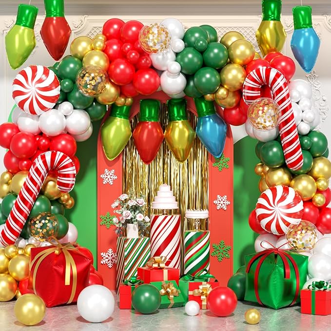 164Pcs Christmas Balloon Arch Garland Kit Xmas Red White Green Gold Latex Balloons Light Bulb Candy Cane Gift Box Foil Balloons Arch Kit for Christmas New Year Party Birthday Party Decorations