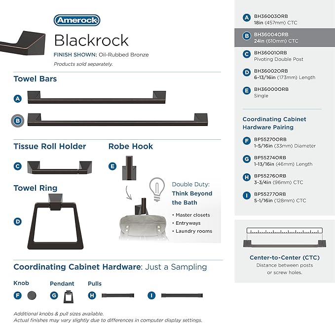 Amerock BH36004ORB | Oil Rubbed Bronze Towel Bar | 24 in (610 mm) Towel Rack | Blackrock | Bathroom Towel Holder | Bathroom Hardware | Bath Accessories