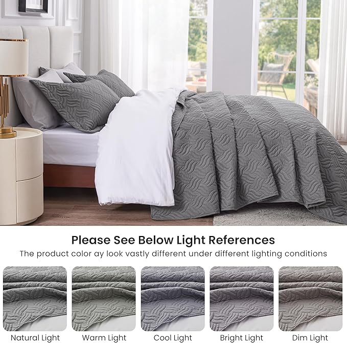 Love's cabin Twin Quilt Bedding Set Grey Bedspreads - Soft Bed Summer Lightweight Bedspread Comforter - Wave Pattern Bedding Coverlet for All Season - 2 Pieces (1 Quilt, 1 Pillow Sham)