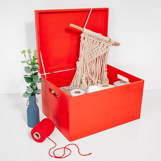 Creative Deco Large Red Wooden Box Storage with Hinged Lid | 15.8x11.8x9.44in (+-0.5) | Keepsake Gift Box Storage Document | Wood Chest Trunk PRODUCT NOT INTENDED FOR 15 YEARS OR BELOW