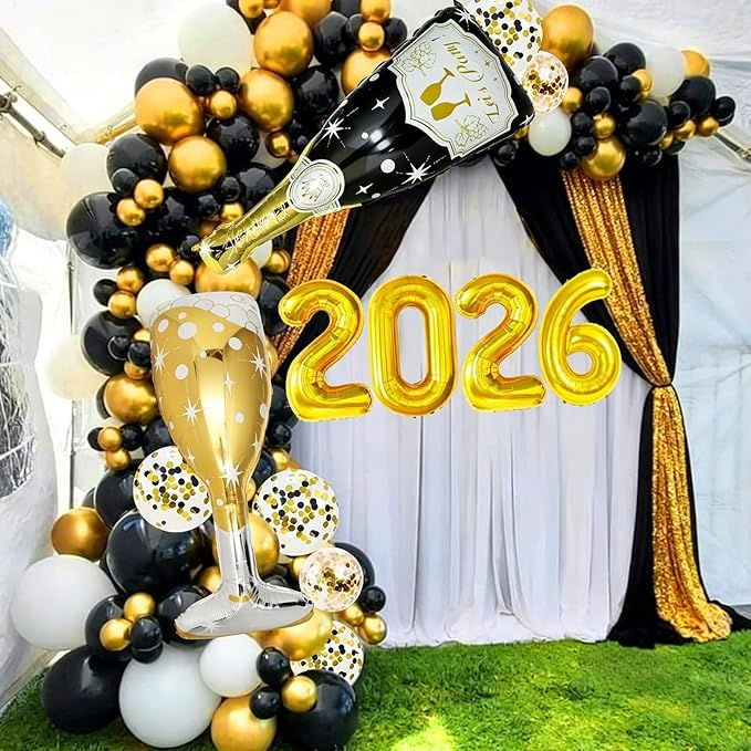 4 Pcs Champagne Balloons, Huge Black Gold Champagne Bottle Goblet Aluminum Foil Balloons for Birthday, Bachelorette, Graduation, Anniversary, 2026 New Years Eve Party Decorations Supplies