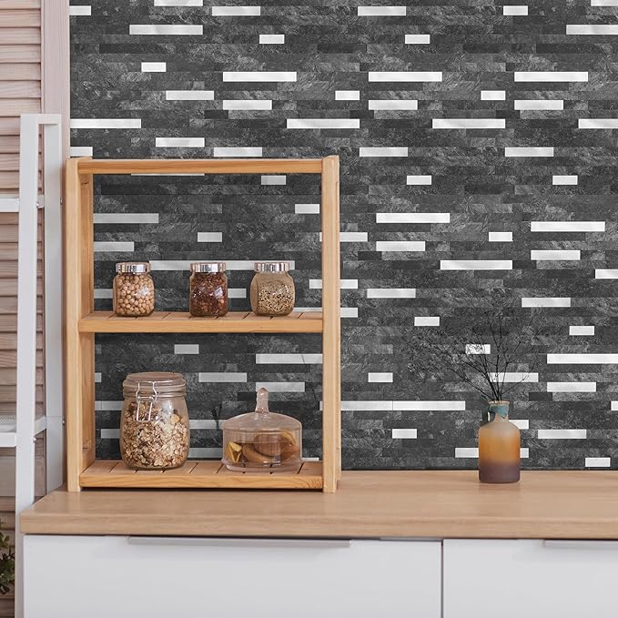 Yipscazo 1 Sheet Peel and Stick Stone Metal Tile Backsplash, Stick on Tiles for Backsplash Kitchen, Bathroom, Laundry Room, Camper, Fireplace (12'' X 12'', Dark Black)