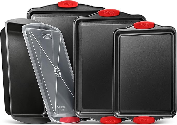 Nonstick Cookie Sheet Pans Set of 5 - Professional Quality Carbon Steel Baking Sheet Trays with Gray Coating Inside & Outside – Small, Medium, Large Pans, Roaster Pan, and Plastic Lid