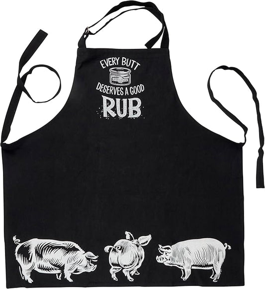 Primitives by Kathy Cooking & Grilling Apron, Every Butt Deserves A Good Rub Black BBQ Apron - Full Coverage with Adjustable Neck & Waist, Funny Pun Gift for Fathers Day, Birthday