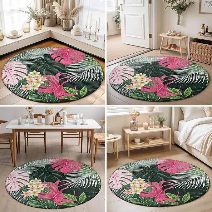 Washable Round Area Rug Summer Watercolor Pink Green Leaf Circle Rugs Floor Carpet for Living Room Bedroom, Tropical Flower Leaves Plant Soft Non Slip Round Rug 5ft