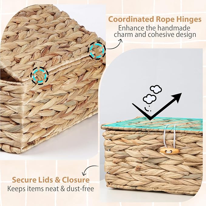 Handwoven Wicker Baskets Decorative Storage Boxes with Lids Set of 3, Natural Water Hyacinth, Nesting Organizer Boxes for Closet, Shelf, Home Decor