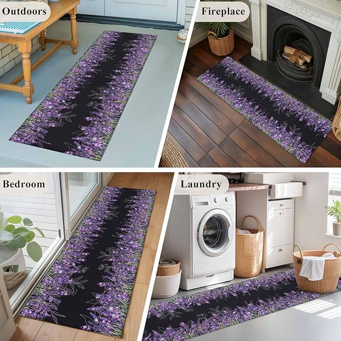 Runner Rug for Bedroom Hallway, Spring Purple Lavender Flower Kitchen Runner Rugs Area Rug 2x6ft, Watercolor Floral on Black Washable Soft Floor Carpet for Entryway Stair