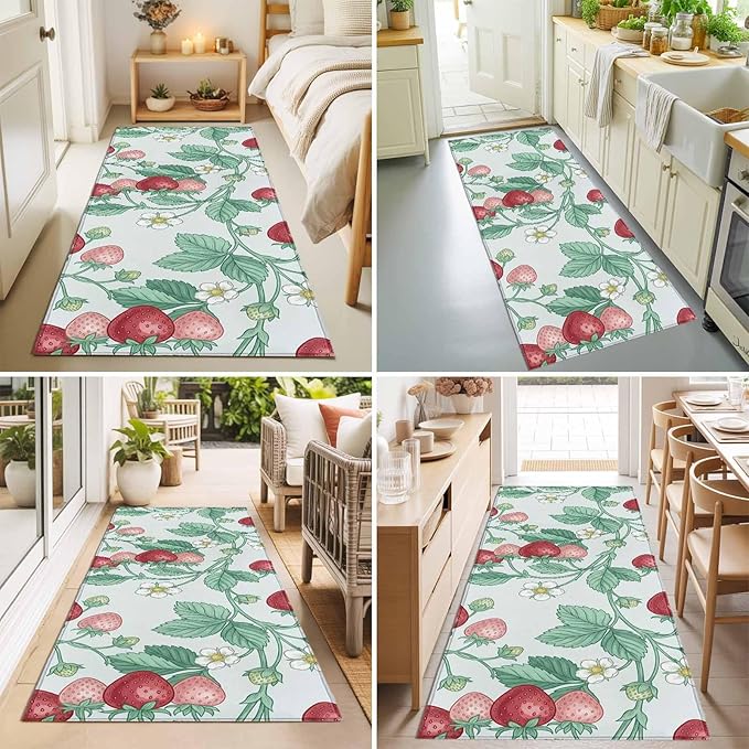 Runner Rug for Bedroom Hallway, Strawberries White Flowers Kitchen Runner Rugs Area Rug 2x6ft, Rustic Garden Botanical Washable Soft Floor Carpet for Entryway Stair