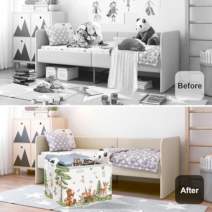 Forest Animals Baby Laundry Hamper Collapsible Clothes Kids Storage Basket Bear Fox Large Boys Girls Gift Toy Box Bin for Nursery, Squirrels, 36L