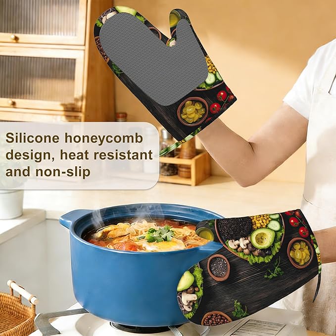 Healthy Food Oven Mitts and Pot Holders Set of 4,Kitchen Glove Heat Resistant Oven Mitts with Non-Slip Silicone for Baking, Cooking, BBQ