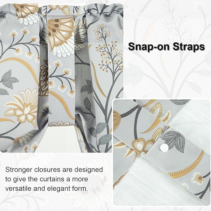 Leeva Tie Up Valances for Windows, Grey Flower Print Adjustable Short Window Treatments, Light Filtering Kitchen Curtains Valances for Living Room Bedroom, 52 x 18, One Panel