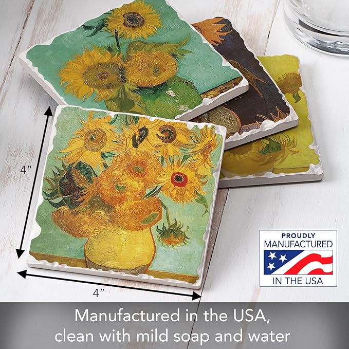 Thirstystone Van Gogh Sunflowers 4 Pack Assorted Tumbled Tile Stone Coasters with Protective Cork Backing Manufactured in The USA Absorbent Easily Wipes Clean