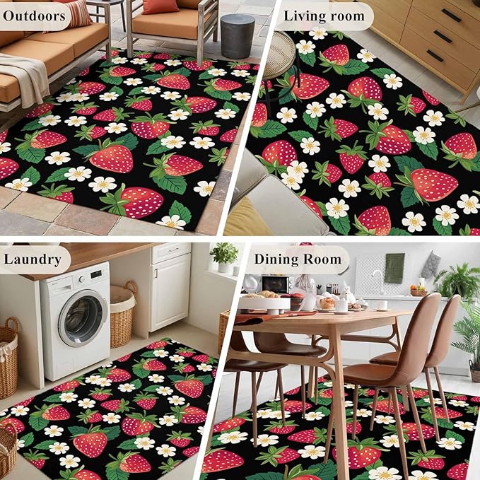 Area Rug 3x5ft, Red Strawberry Litter Flower Leaves on Black Washable Rugs for Living Room Bedroom, Summer Fruit Soft Non-Slip Area Rugs Rectangle Floor Carpet for Dining Room