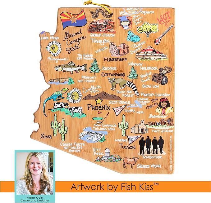 Totally Bamboo Arizona State Shaped Cutting Board and Charcuterie Serving Platter with Artwork by Fish Kiss, Includes Hang Tie for Wall Display