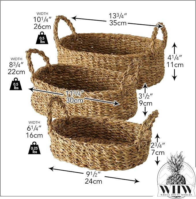 WHW Whole House Worlds Seagrass Baskets, Set of 3, Thick Chunky Sweater Weave, Decorative Vanity Organizers, Closet Storage Bins, Oval, 13.75, 11.75, and 9.5 Inches
