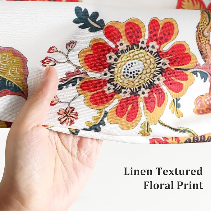Leeva Red Vintage Floral Pleated Valance, Linen Textured Rod Pocket Curtain Topper for Living Room Windows, Retro Flower Print Farmhouse Window Treatment, 52x14 Inches, Classic Country Style