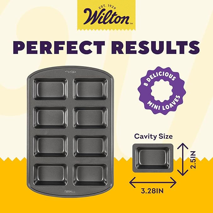 Wilton Gold Non-Stick Bakeware Mini Loaf - Baking Pan for Mini Banana Breads, Cakes & More - Made Without PFAS - Offers Even Heat Distribution & Hassle-Free Cleaning - 15 x 10 x 1.6 Inch, 8 Cavity