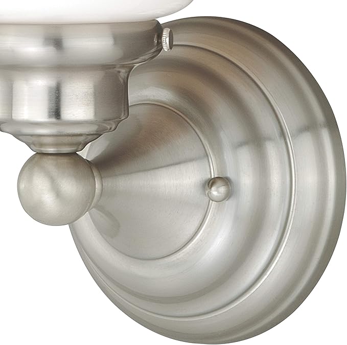 VAXCEL Huntley 1-Light 6.75 inch Wide Satin Nickel Farmhouse Bathroom Vanity Lighting Fixture, White Schoolhouse Milk Glass Globe Shade, Dimmable, LED Compatible, Wall Mounted Steel Sconce