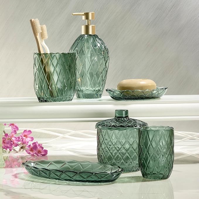 Nicole Miller – Vanity Tray, Embossed Glass with Scalloped Edge, Trellis Home Decor – Perfect for Organizing Toiletries, Cosmetics and Bathroom Essentials (Bijou Green)