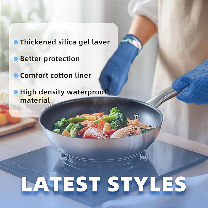 Pair of 2 Heat-Resistant Silicone Oven Mitts – Extra Long, Non-Slip Grip, Soft Cotton Lining, Perfect for Baking, Cooking & BBQ – 13” x 7” Kitchen Gloves (Blue Flora)