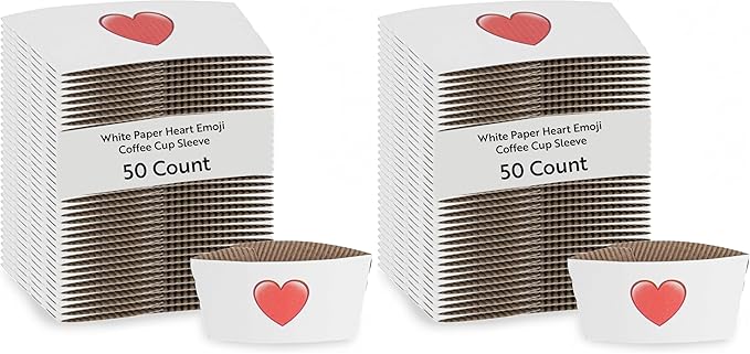 Restaurantware SLEEVES ONLY: Restpresso 5.1 x 2.8 Inch Coffee Cup Sleeves 50 Corrugated Hot Cup Sleeves - Heart Emoji Heat-Tolerant White Paper Disposable Coffee Sleeves Secure Grip (Pack of 2)