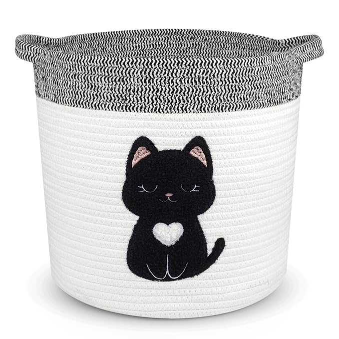 Black Cat Storage Basket - Woven Cotton Rope Basket with Soft Felt Patch, Foldable Organizer for Nursery, Pet Toys & Laundry, Gift & Home Decor (11.8 Inch, Washable)