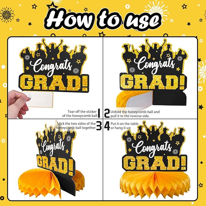 2026 Graduation Party Decorations - 8 Pcs Black Gold Class of 2026 Graduation Party Decor Honeycomb Centerpieces for Tables Congratulate for 2026 Congrats Grad Party Supplies