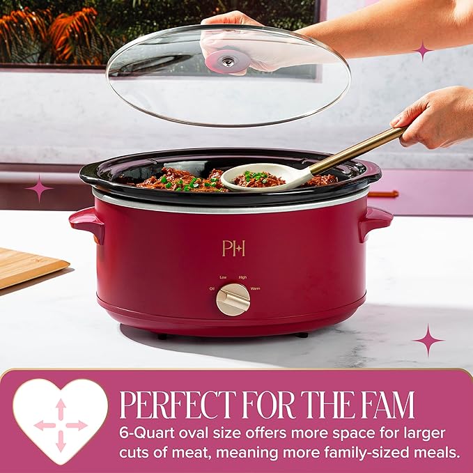 Paris Hilton 6-Quart Manual Slow Cooker, Features Three Settings (Low, High, Warm), Naturally Nonstick and Dishwasher Safe Stoneware Insert, Family Sized Capacity, Berry