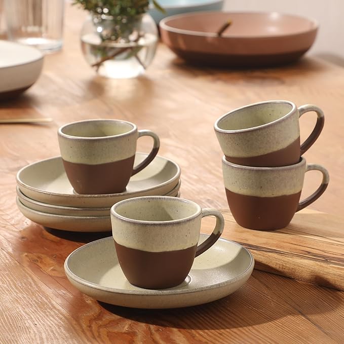 Gibson Elite William Crest 8 Piece Cup & Saucer Set, 4 Stoneware Cups & 4 Saucers, Reactive Glaze Finish, 3.5oz Espresso Cups, 5.5” Saucers, Round Coffee Set, Microwave & Dishwasher Safe - Green