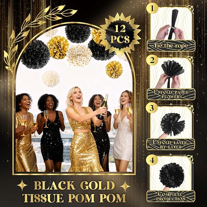 NICROLANDEE Black and Gold Party Supplies for 2026 Graduation - 12PCS Tissue Pom Poms 12" Decorative for Graduation, Wedding, Milestones Birthday for Men Women, Retirement Party, New Years Eve Party