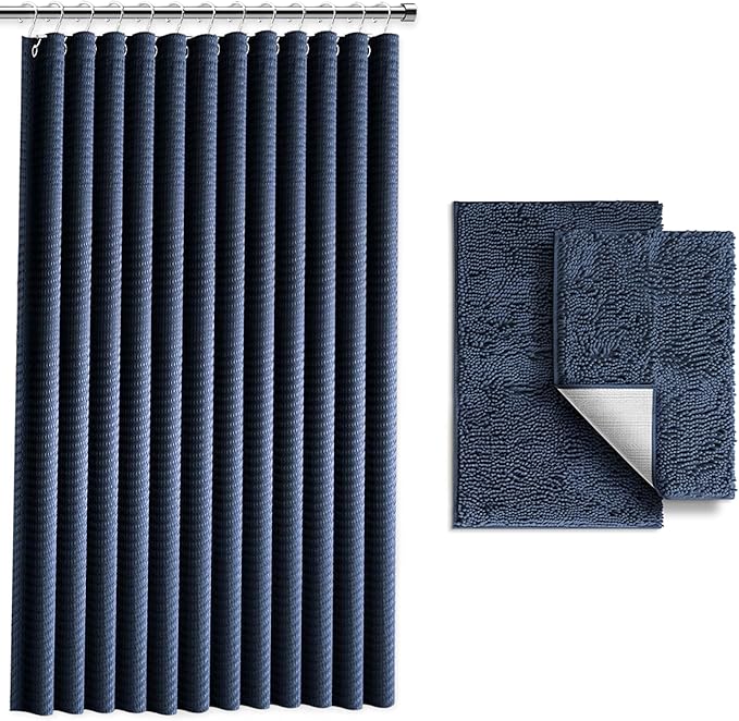 Clara Clark Navy Blue Shower Curtain Set with Rugs - Bathroom Sets with Shower Curtain and Rugs, Fabric Shower Curtains and 2 Bath Mats, Modern Bathroom Shower and Curtain Sets for Tub Or Stall