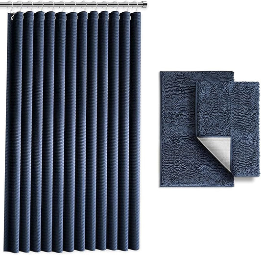 Clara Clark Navy Blue Shower Curtain Set with Rugs - Bathroom Sets with Shower Curtain and Rugs, Fabric Shower Curtains and 2 Bath Mats, Modern Bathroom Shower and Curtain Sets for Tub Or Stall