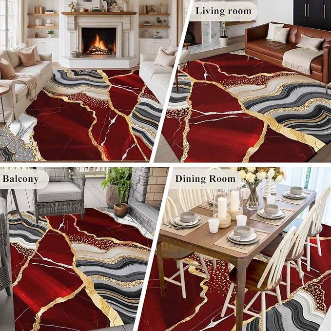 Area Rug 6x9ft, Abstract Flowing Marble Fluid Art Washable Rugs for Living Room Bedroom, Red and Gold Lines Soft Non-Slip Area Rugs Rectangle Floor Carpet for Dining Room