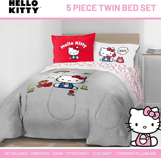 Jay Franco Sanrio Hello Kitty Twin Size Comforter Set - 5 Piece Red & Grey Bedding Includes Sheet Set & Pillow Covers - Super Soft Cozy Kawaii Bedding