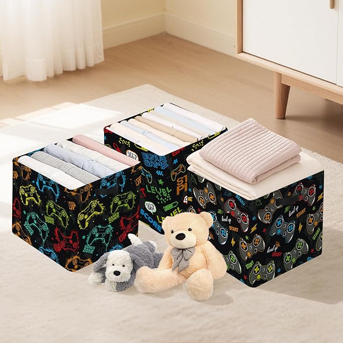 Clastyle 3 pcs Gaming Cube Storage Unit Boxes Gamepad Kallax Box for Shelves Parents Storage Baskets for Book Clothes Toy Organizer, Game Controller, 11.8x11.8x11.8 in
