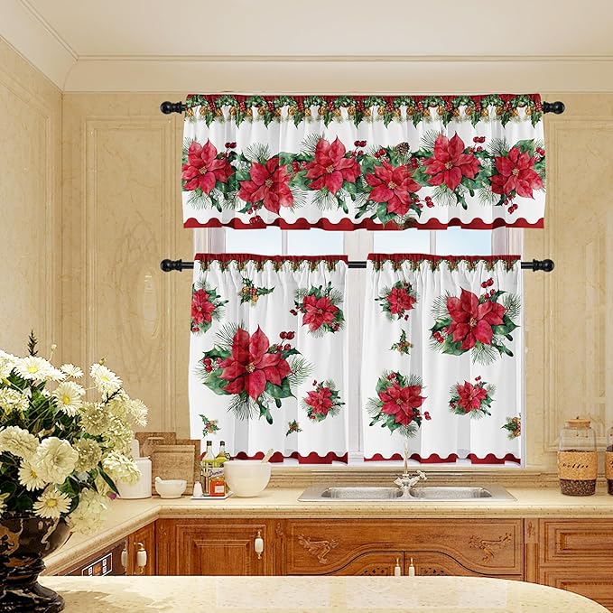 Christmas Poinsettia Curtain Valances Set, Red and Green Rod Pocket Festive Xmas Decor for Kitchen, Bedroom, Bathroom, Laundry Short Curtains 52Lx18W inch 36Lx26W inchx2, 3 Panel Set