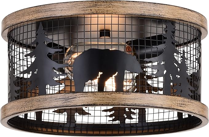 VAXCEL Kodiak 12 Inch Rustic Flush Mount Ceiling Light, Bear and Tree Motif, Dimmable Indoor Outdoor Lighting, Black and Burnished Teak Finish