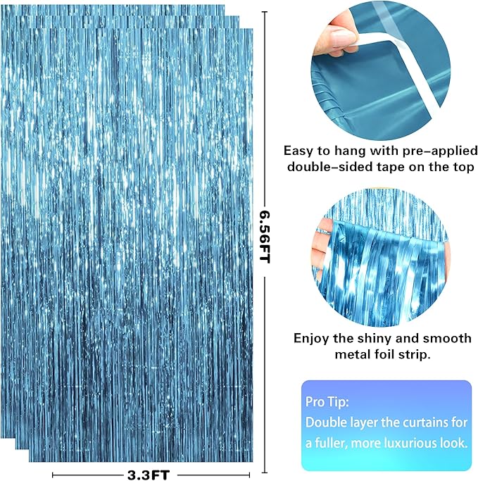Blue Birthday Decorations - Blue Tinsel Streamers Backdrop Banner | Summer Party Favors Supplies Indoor Outdoor - Pool Party Decor for Beach Wedding Graduation Baby Shower,2 Pack